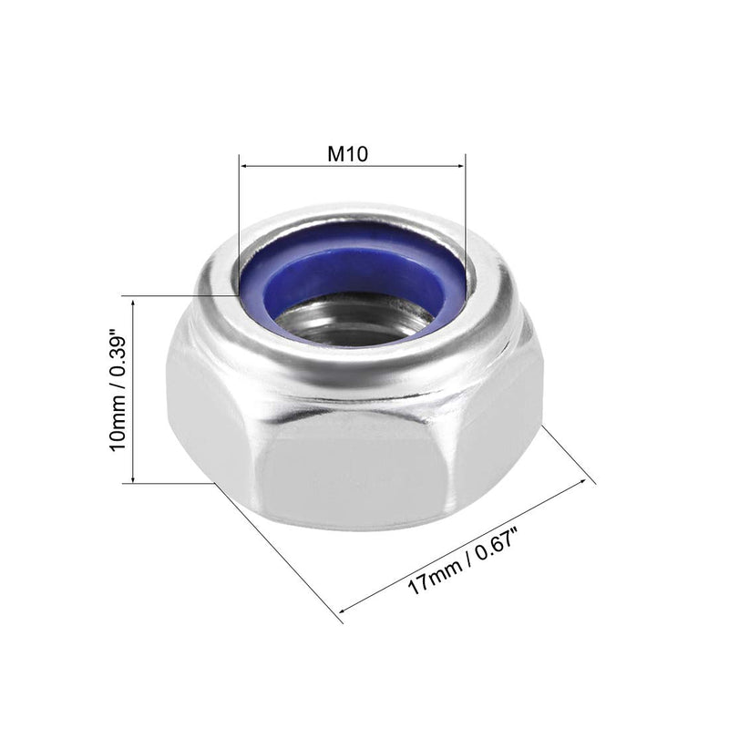 [Australia - AusPower] - uxcell M10 x 1.5mm Nylon Insert Hex Lock Nuts, 304 Stainless Steel, Plain Finish, Pack of 4 