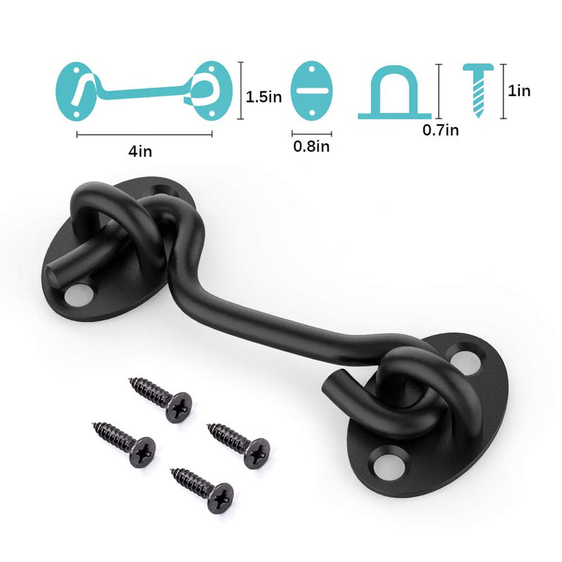 [Australia - AusPower] - Barn Door Lock Gate Latch - 4 Inch Black Hook and Eye Latch Heavy Duty Screen Latches Hardware Stainless Steel Gate Lock Cabin Hooks for Sliding Door Bedroom Outdoor Window Cabinet Bathroom (1 PC) 1 