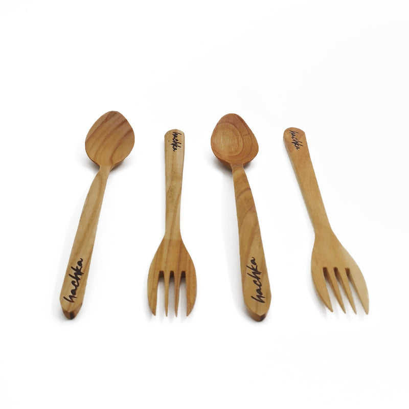 [Australia - AusPower] - Handmade Cherry Wood Spoons and Forks Set by hachka, 4 Pieces Reusable Wooden Spoons and Forks for Eating Made From Cherry Trees, Durable Natural Eco-friendly Wood Cutlery 