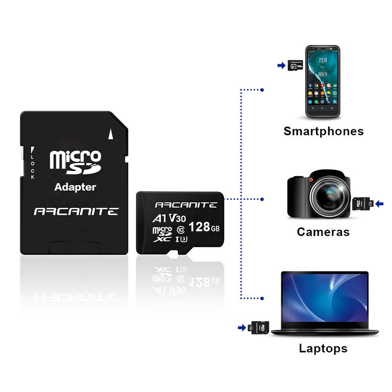 [Australia - AusPower] - ARCANITE 128GB microSDXC Memory Card with Adapter - A1, UHS-I U3, V30, 4K, C10, Micro SD, Optimal Read speeds up to 90 MB/s A1 High Speed 