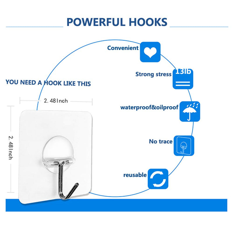 [Australia - AusPower] - JINSHUNFA Wall Hooks 13lb(Max) Transparent Reusable Seamless Hooks,Waterproof and Oilproof,Bathroom Kitchen Heavy Duty Self Adhesive Hooks,8 Pack 8 Hooks 