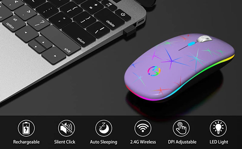[Australia - AusPower] - Wireless Mouse, 2.4G Portable Optical Quiet RGB Mouse with USB Receiver and Type C Adapter, 3 Adjustable DPI Levels, Wireless Computer Mouse for Laptop, Computer, PC, MacBook, Desktop Purple 