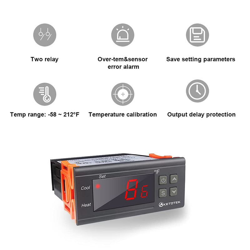 [Australia - AusPower] - KETOTEK Digital Temperature Controller AC110V 10A Fahrenheit Thermostat with 2m Waterproof Sensor Heater Freezer Temp Controller Dual Relay Incubator Aquarium STC1000 