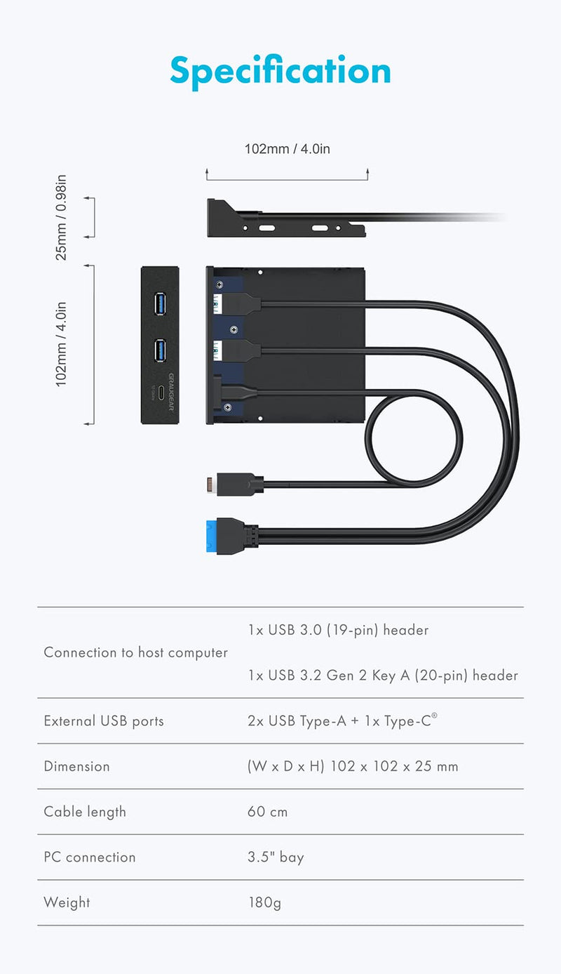 [Australia - AusPower] - GRAUGEAR 3.5 Inch Front Panel Hub, Internal Multi USB Slots of USB 3.2 Gen 2 USB-C and 2 USB 3.0 Ports, 20-Pin USB 3.2 Key-A Header Required, Fits 3.5" PC Computer Case Front Bay [G-MP01] 