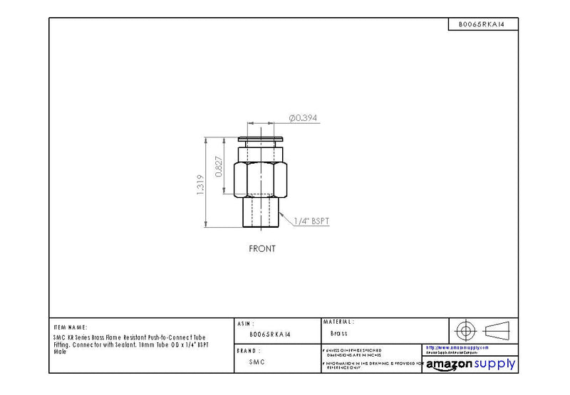 [Australia - AusPower] - SMC KR Series Brass Flame Resistant Push-to-Connect Tube Fitting, Connector with Sealant, 10mm Tube OD x 1/4" BSPT Male 