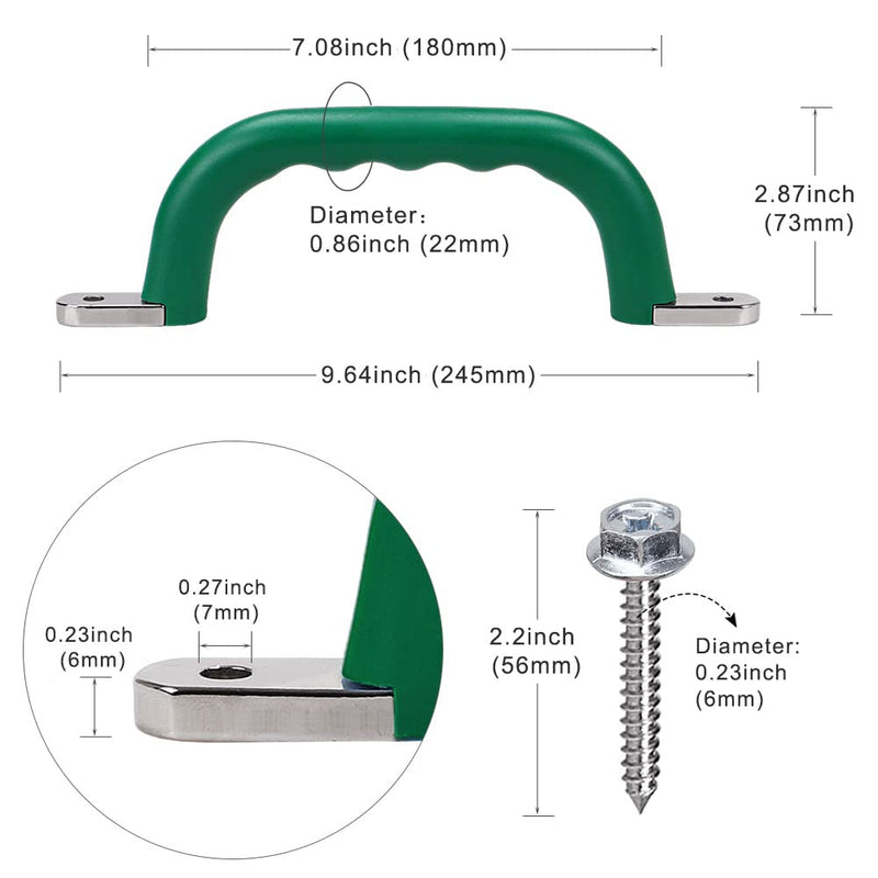 [Australia - AusPower] - SELEWARE Set of 2 Safety Playground Handles, Metal Grab Handle Bars 9.5" Hand Grips with Finger indentations for Kids Swing Set, Playset, Climbing Frame, Play House Handles, 800LBS Capacity, Green 