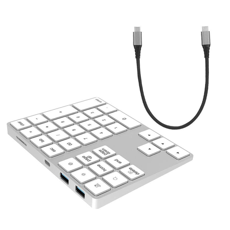 [Australia - AusPower] - ASHATA Wireless Numeric Keypad,34 Keys Mini Portable Bluetooth Numpad,Ergonomic Bluetooth Numeric Keypad Aluminum Alloy HUB Type-C USB 3.0 Numeric Pad for Windows (Silver) Silver 