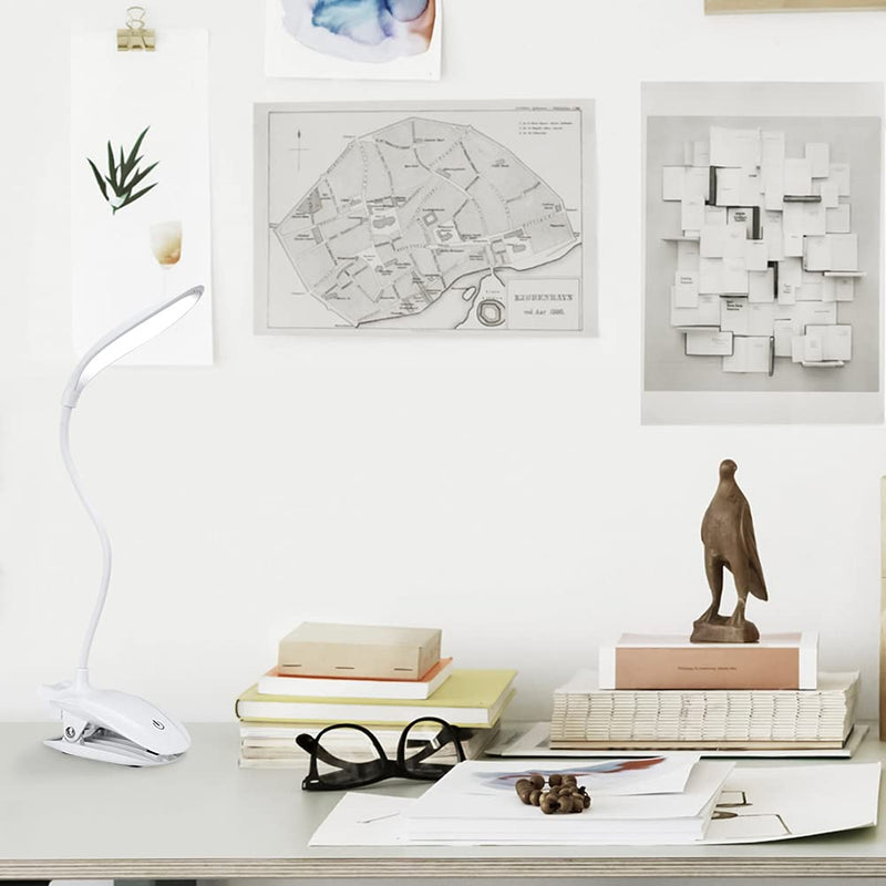 [Australia - AusPower] - Saycker USB Rechargeable Led Desk Lamp/Reading Light，Clip On Lamp 360 Degree Flexible Neck，Three Gears Adjustable，Portable & Flexible Travel Clip Reading Book Light(White) White 