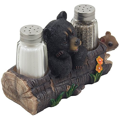 [Australia - AusPower] - Decorative Black Bear and Squirrel Friend on Log Salt & Pepper Shaker Set Figurine Display Stand in Rustic Lodge Table Decorations or Cabin Kitchen Decor Sculptures As Gifts for Friends 