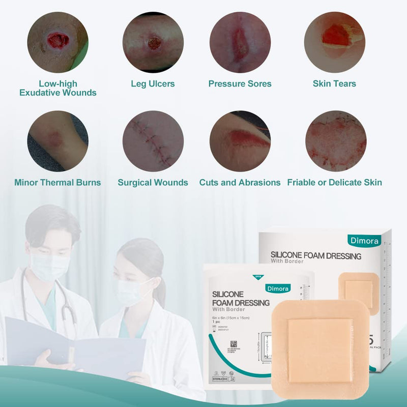 [Australia - AusPower] - Silicone Foam Dressing, 6'' x 6''(4.3" X 4.3" pad) Sacrum Wounds, Waterproof Wound Dressing with Gentle Border, High Absorbency Foam Bandages, Silicone Self-Adhesive Patches,5 Pack 6''x 6'' (5 Dressings) 