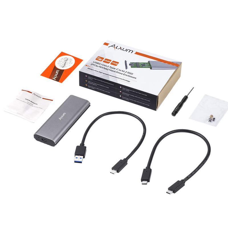 [Australia - AusPower] - Alxum M.2 NVME SSD Enclosure Aluminum Alloy, NVME to USB SSD Adapter USB 3.1 Gen 2 10Gbps, PCIe NVME M Key Reader ASM2362, Support 2230/2242/2260/2280 SSD, UASP & Trim, Included USB Type-A & C Cable 