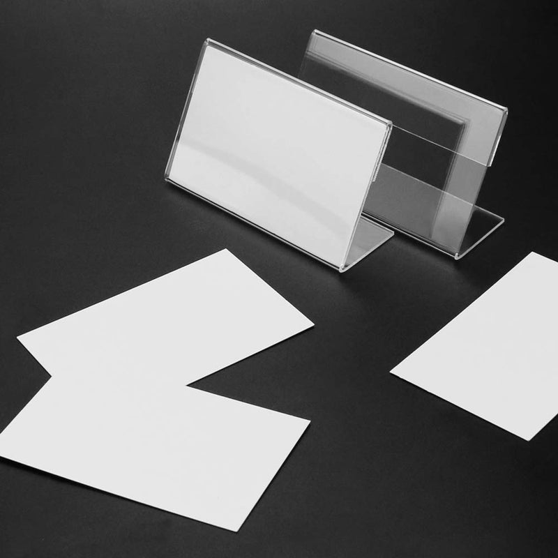 [Australia - AusPower] - BILLIOTEAM 50 PCS Mini Clear Acrylic Sign Display Holder with 50 PCS Blank Labels,Horizontal Slanted L-Shape Acrylic Name Card Price Card Tag Label Counter Top Stand(80mm x 50mm) 