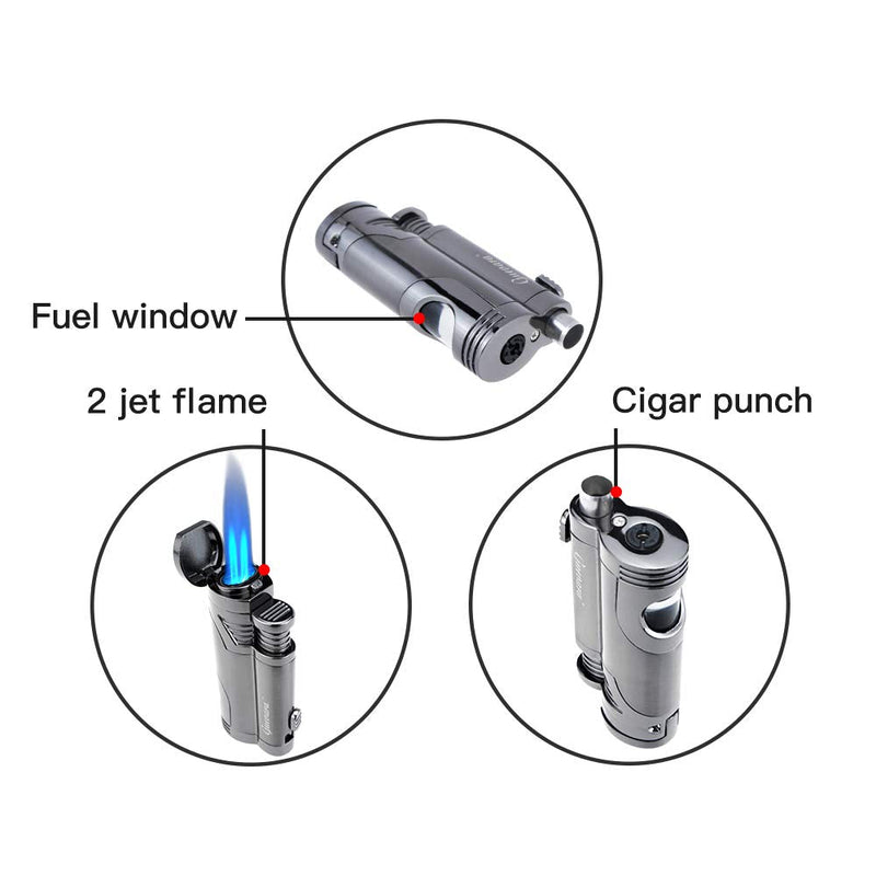 [Australia - AusPower] - Cigar Torch Butane Lighters Fuel Refillable Lighter with Punch Cutter and Set Double Jet Strong Flame Windproof Gray 