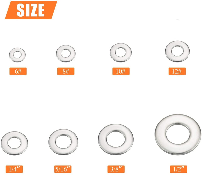 [Australia - AusPower] - HELIFOUNER 270Pieces 8 Sizes Stainless Steel Flat Washers Assortment Kit, 1/2 3/8 5/16 1/4 12# 10# 8# 6# 
