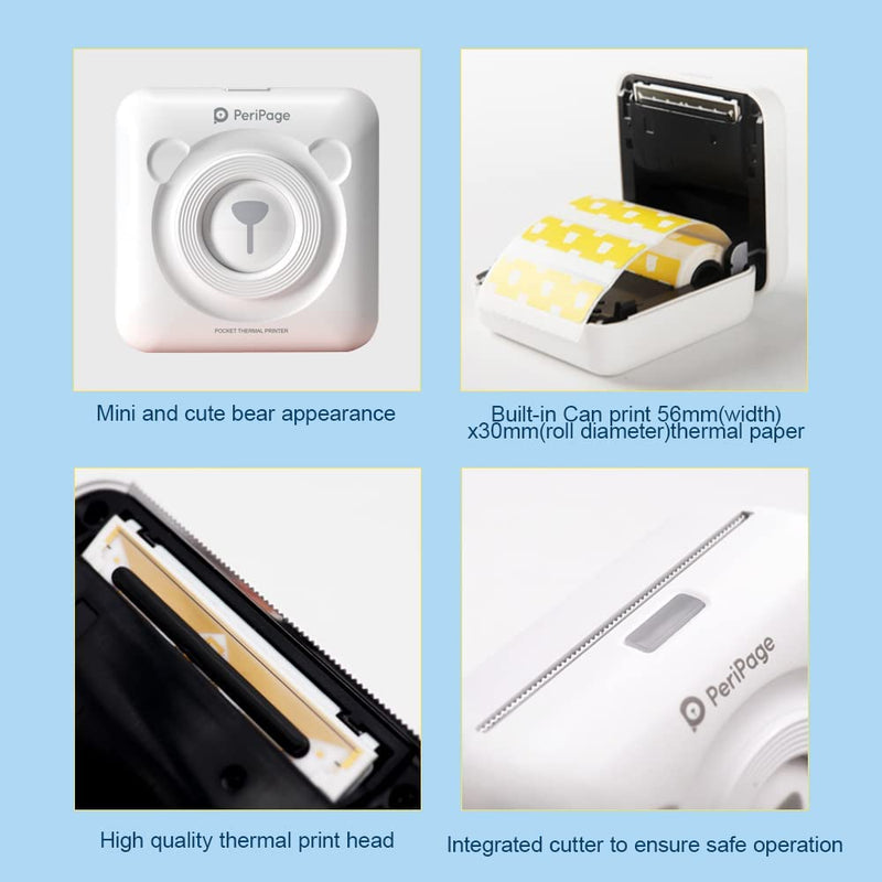 [Australia - AusPower] - PeriPage Mini Printer, Portable Sticker Bluetooth Printer for Printing Student Notes, Journal, Memo, Mobile Printer, Pocket Printer, Received Printer with USB Cable, Supports Android iOS Windows- WHI White 