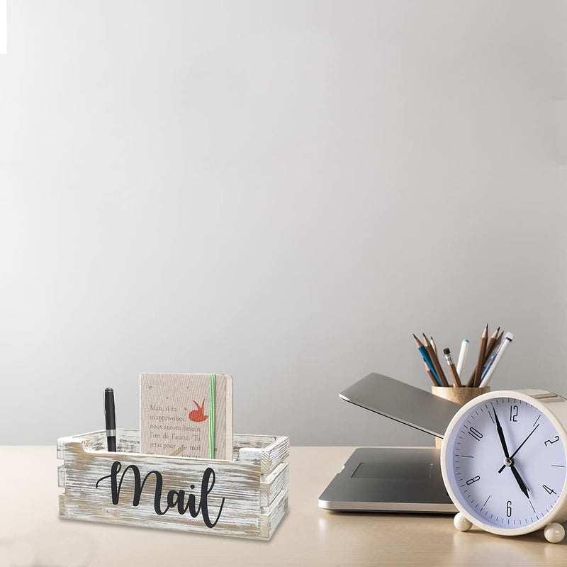 [Australia - AusPower] - Whitewashed Wood Tabletop Mail Holder Box, Desktop Mail Organizer, Farmhouse Mail Organizer Countertop, Mail Holder, Letter Holder, Mail Storage Box, Bill Coupon Organizer with Letter Script Design 