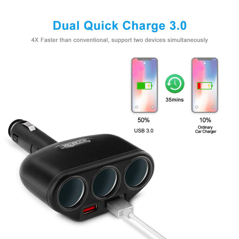 [Australia - AusPower] - Rocketek 3-Socket 2-Port USB Quick Charge 3.0 Car Charger Splitter Adapter,120W 12V/24V DC Outlet Multi Socket Car Cigarette Lighter Splitter QC3.0 Dual Car Charger Power Outlet Splitter Extender 