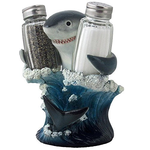 [Australia - AusPower] - Decorative Great White Shark Glass Salt and Pepper Shaker Set with Holder Figurine for Beach Bar or Tropical Kitchen Decor Sculptures & Table Decorations by Home 'n Gifts 