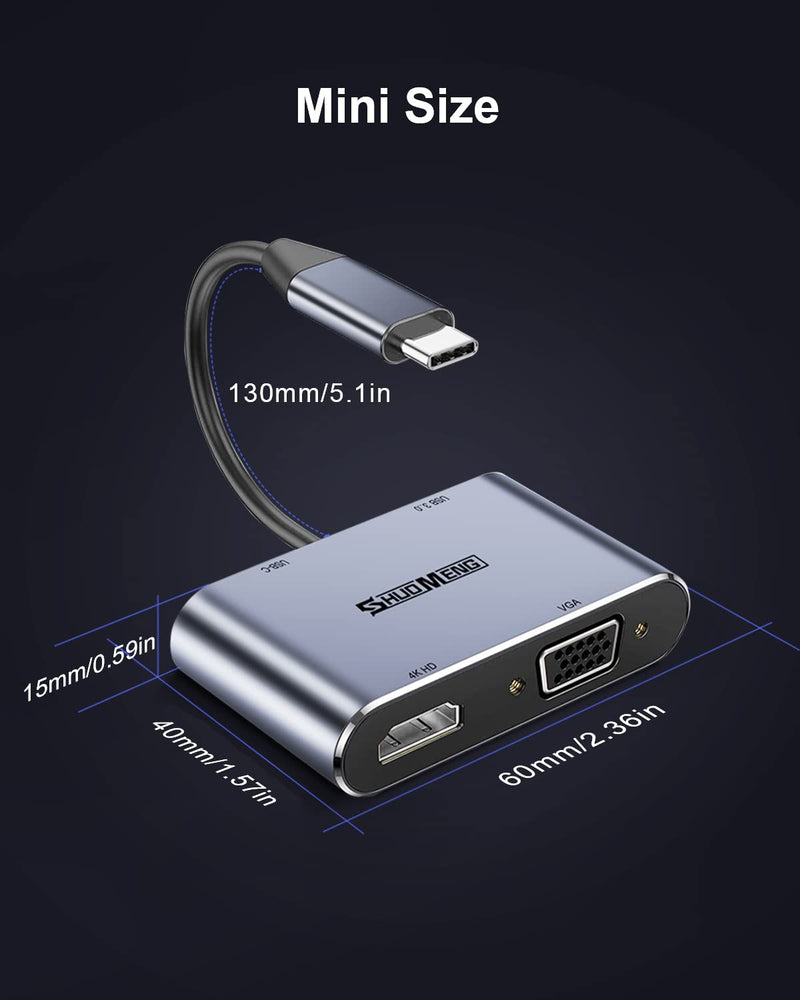 [Australia - AusPower] - USB C to HDMI VGA Adapter, Shuomeng 4 in 1 USB-C to HDMI Adapter (Thunderbolt 3 Compatible) Hub Compatible for MacBook Pro/Air/ipad Pro 2018-2020, Dell, XPS,Samsung Galaxy S20 S10,Other Type-C Device [4 in 1] HDMI/VGA/PD/USB 