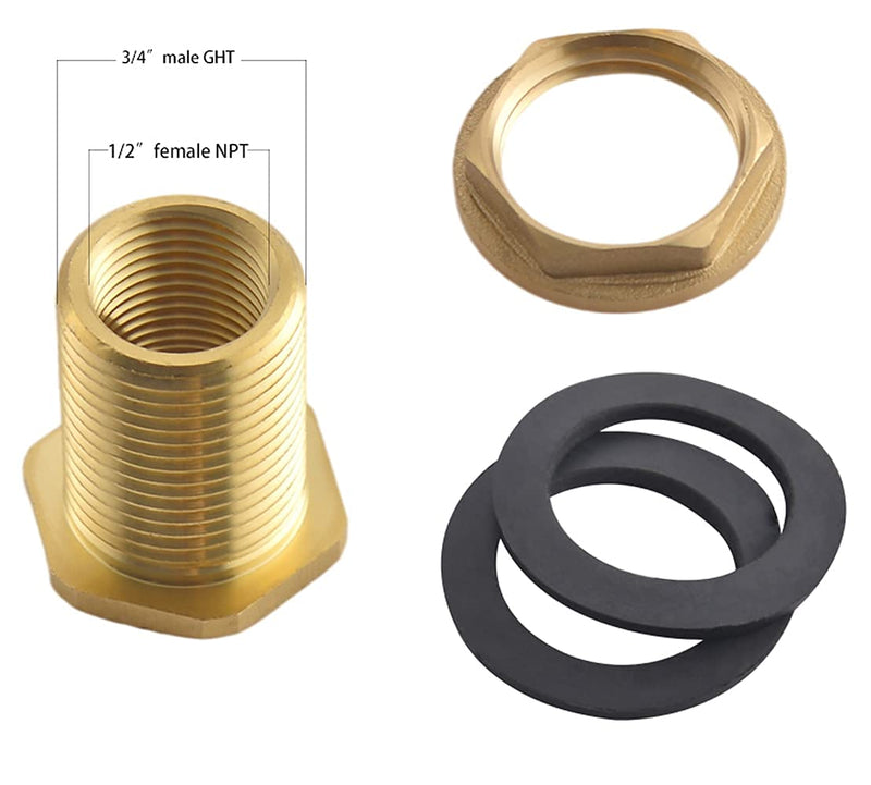 [Australia - AusPower] - 2 Pack 1/2" Female NPT and 3/4" Male GHT (Garden Hose Threaded) Solid Brass Water Tank Connector, Bulkhead Fitting With 2 Rubber Ring 2 Pack 1/2" Female NPT 3/4" Male GHT 