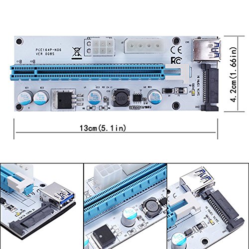 [Australia - AusPower] - CFIKTE VER 008S PCI-E Express Cable 1X to 16X Graphics Extension Ethereum ETH Mining Powered Riser Adapter Card, 60cm USB 3.0 Cable, 4 Solid Capacitors,15pin Male to 6pin Power Slot Connector 6 Pack 