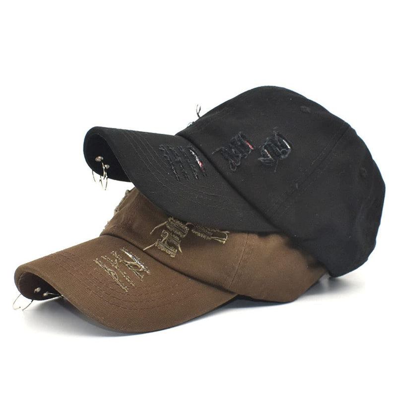 [Australia - AusPower] - Belsen Distressed Washed Denim Ring Baseball Cap Hip Hop Vintage Dad Hat Adjustable Black 