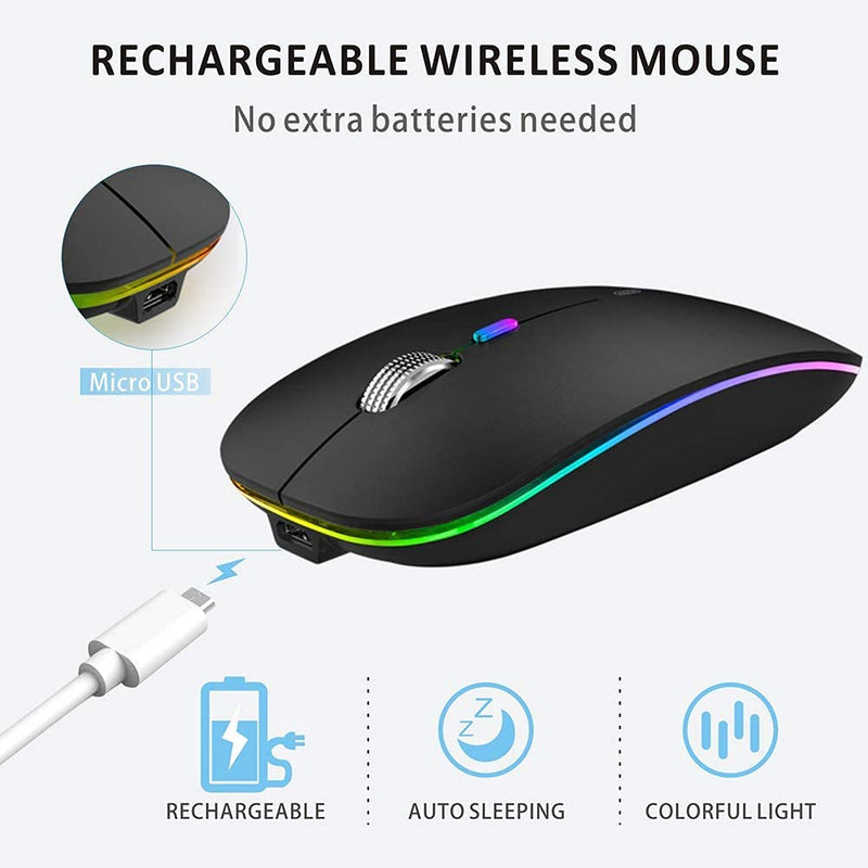 [Australia - AusPower] - LED Wireless Mouse, Uiosmuph G12 Slim Rechargeable Wireless Silent Mouse, 2.4G Portable USB Optical Wireless Computer Mice with USB Receiver and Type C Adapter (Matte Black) Matte Black 