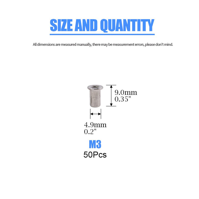 [Australia - AusPower] - Glarks 50Pcs 304 Stainless Steel M3 Flat Head Threaded Rivetnut Insert Nutsert Rivet Nut Set (M3) 
