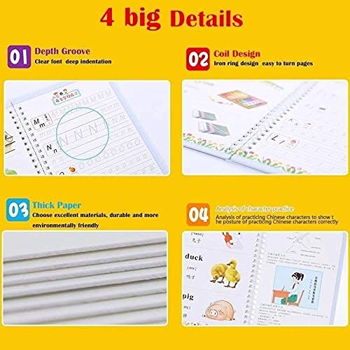 [Australia - AusPower] - Magic Ink Copybooks for Kids Reusable Handwriting Workbooks for Preschools Grooves Template Design and Handwriting Aid (4books+Pens) 4books+Pens 