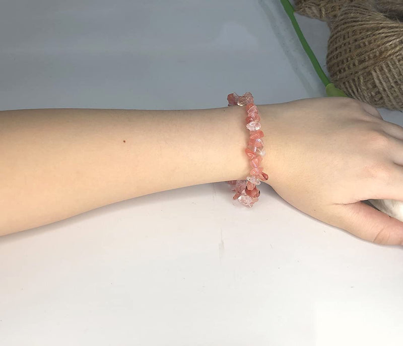 [Australia - AusPower] - Auntroen Healing Meditation Crystal Crushed Stone Hand Woven Bracelet Elastic Reiki Chakra Bracelet (Pink) Pink 