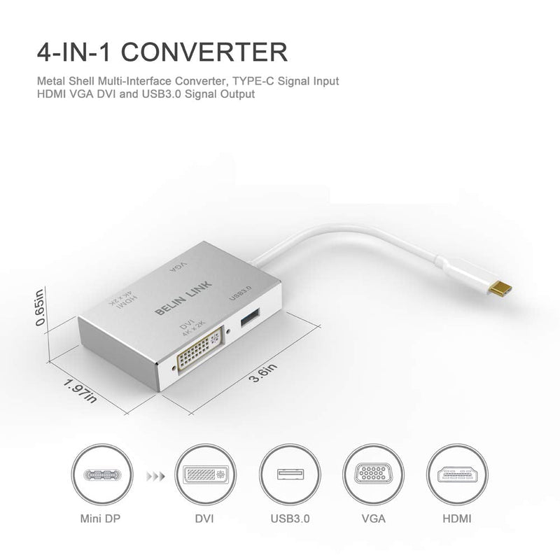 [Australia - AusPower] - BELIN LINK USB C to HDMI DVI VGA USB 3.0 Adapter,USB 3.1 Type-C 4in1 Hub to HDMI DVI 4K VGA USB Adaptor Converter (Thunderbolt 3 Compatible), USB-C Adapter for MacBook/MacBook Pro air/Surface pro TC 4IN1 