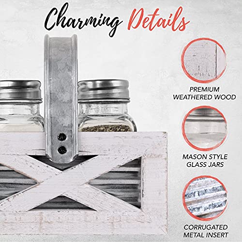 [Australia - AusPower] - Autumn Alley Barn Door Farmhouse Salt and Pepper Shakers Set in White and Galvanized Caddy - Shabby Chic Salt & Pepper Shakers for Country Kitchen 
