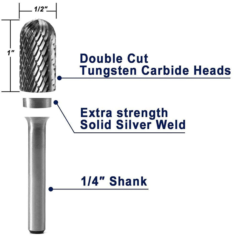 [Australia - AusPower] - YUFUTOL SC-5 Tungsten Carbide Burr Cylinder Shape with Radius End Double Cut Rotary Burr File(1/2" Cutter Dia X 1"Cutter Length) with 1/4'' shank, 1pcs 