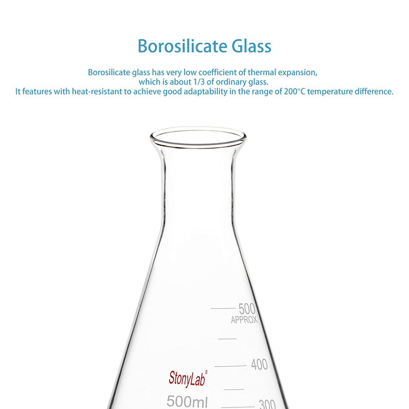 [Australia - AusPower] - stonylab Glass Wide Mouth Erlenmeyer Flask, 500 ml Borosilicate Glass Erlenmeyer Flask with Heavy Duty Rim, 1 Pack 