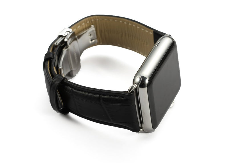 [Australia - AusPower] - iStrap Alligator Grain Calf Leather Band for Apple Watch 44mm 40mm Series 6 SE 5 Series 4 Black Brown Replacement Strap Steel Buckle for iWatch 42mm 38mm Series 3 2 1 Sport Edition Black-Silver Deployment Buckle 42mm/44mm 