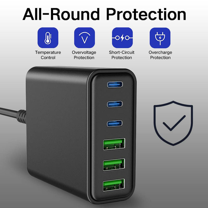 [Australia - AusPower] - 90W 6 Port USB A/Type C PD Fast Multiport Charging Station, 3 PD&3 QC 3.0 Power Wall Charger Adapter, Charger Block Hub Compatible for All iPad/Tablet, iPhone 13 12 11 Max Mini, Pixel Samsung Galaxy 
