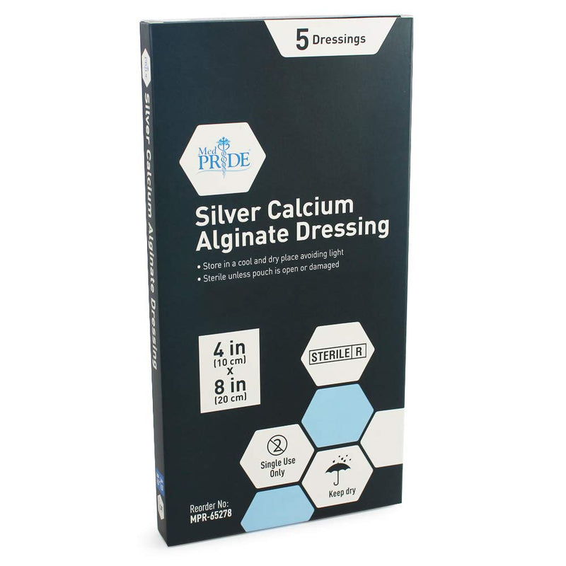 [Australia - AusPower] - Medpride Silver Calcium Alginate Wound Dressing Pads| 4” x 8” Patches, 5-Pack| Antimicrobial, Non-Stick Padding, Sterile, Highly Absorbent & Comfortable| 4'' x 8'' 
