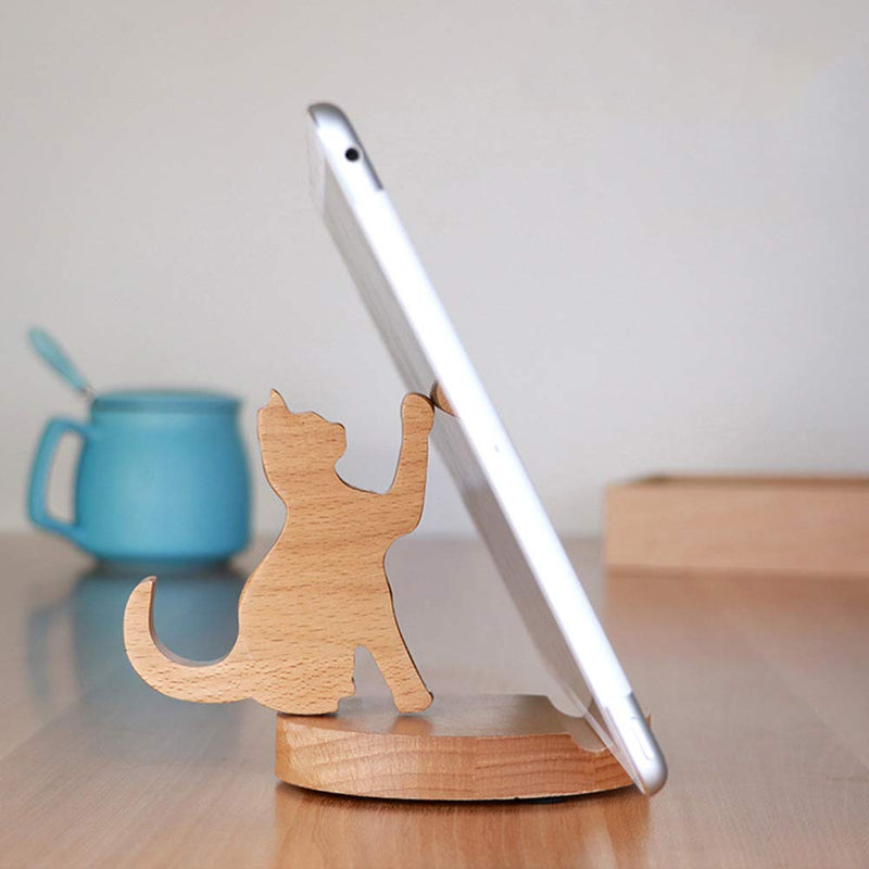 [Australia - AusPower] - Cute Cat Cell Phone Stand, MHKBD Wooden Phone Stand Cell Phone Holder Desktop Cellphone Stand Universal Desk Stand for All Smart Phone Desk Decoration, Great Gift for Cat Lover Valentines Gift 