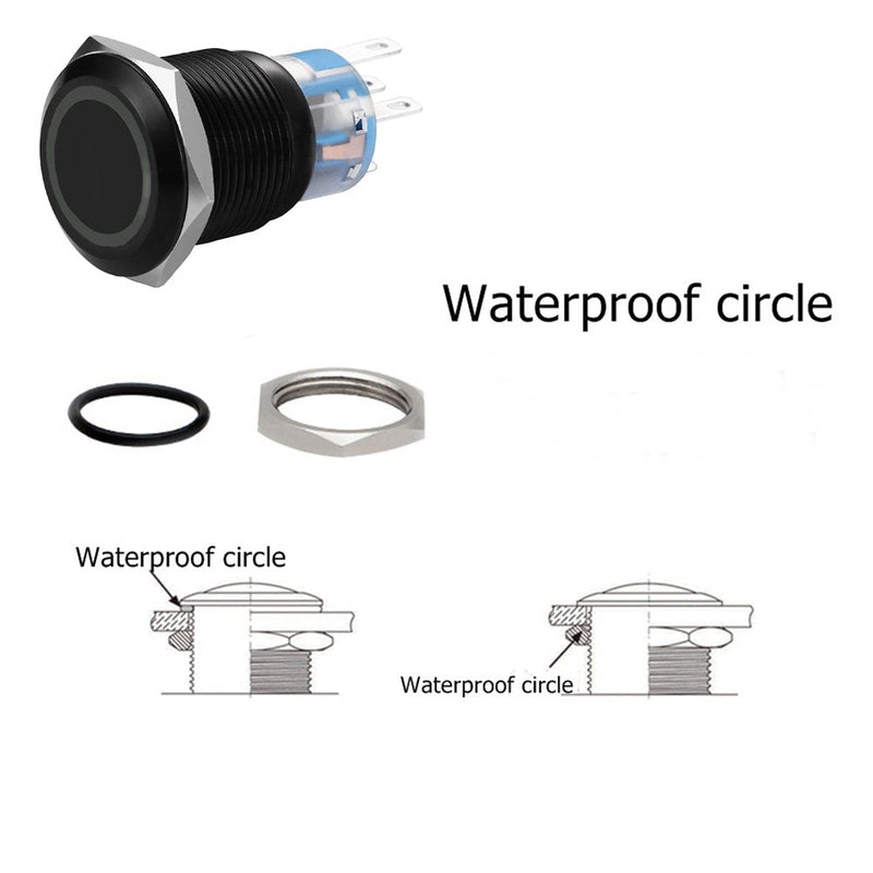[Australia - AusPower] - 19mm Latching Push Button Switches SPDT ON/Off Waterproof Black Metal 12V Ring LED with Wire Plug (Red) Red 