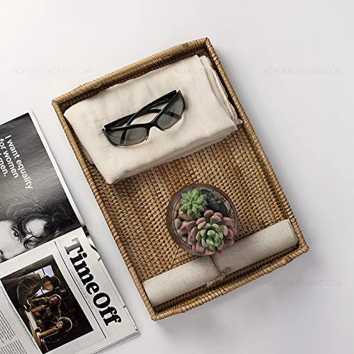 [Australia - AusPower] - DECRAFTS Hand-Woven Rattan Rectangular Serving Tray with Handles for Breakfast, Drinks, Snack for Coffee Table (14.5x10.2x1.4inches) 14.5x10.2x1.4inches 