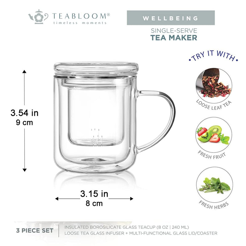 [Australia - AusPower] - Teabloom Heatproof Insulated Glass Tea Mug with Loose Tea Glass Infuser and Lid, 8 OZ 
