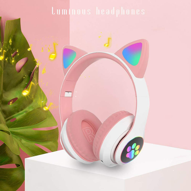 [Australia - AusPower] - Fashion Bluetooth 5.0 Wireless Gaming Headset Over Ear Cat Ear Headphones Foldable Headphones LED Stereo Volume Control Headset for PC Tablet FM Radio Kids Adult Gift(Pink) Pink 