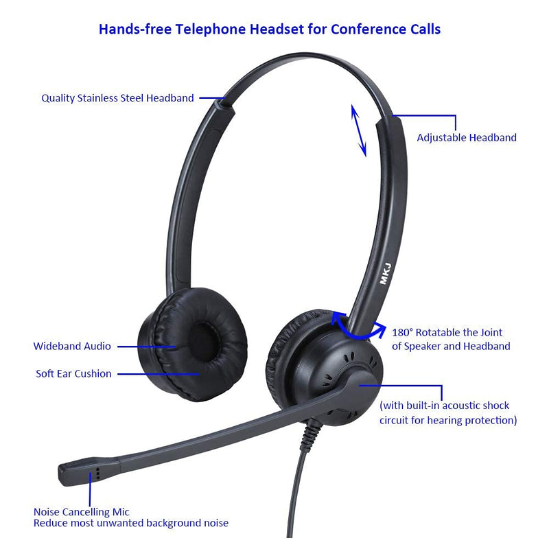 [Australia - AusPower] - MKJ Telephone Headset with Noise Cancelling Microphone Corded Dual Ear Call Center Office Headset for Desk Phone Polycom Gigaset Avaya Aastra AudioCodes Toshiba Nortel etc 