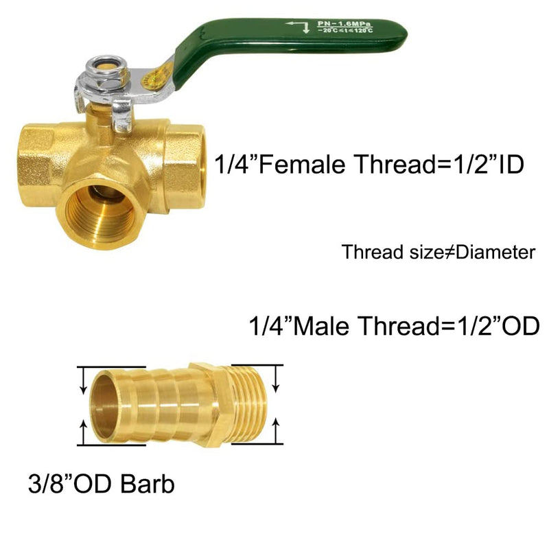 [Australia - AusPower] - Joywayus 3 Way Shut Off 1/4" Thread Ball Valve with 3/8" Hose Barb T Shaped Brass Fitting One Switch 