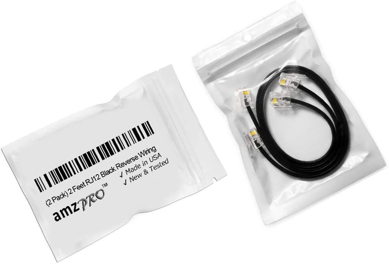 [Australia - AusPower] - (2 Pack) 2 Feet Black RJ12 6P6C Reverse Wired Cable for Voice, Professional Grade Made in USA, Modular Telephone Cord 24" 