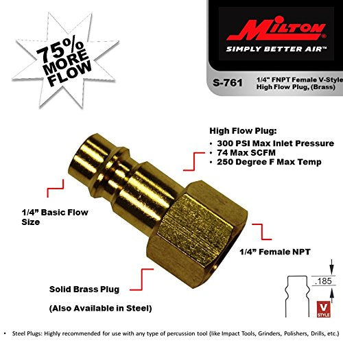 [Australia - AusPower] - Milton Industries S-761 1/4" FNPT HIGHFLOWPRO V-Style/European Interchange Brass Air Plug Fitting (High Volume Low Pressure Application) Pack of 2 