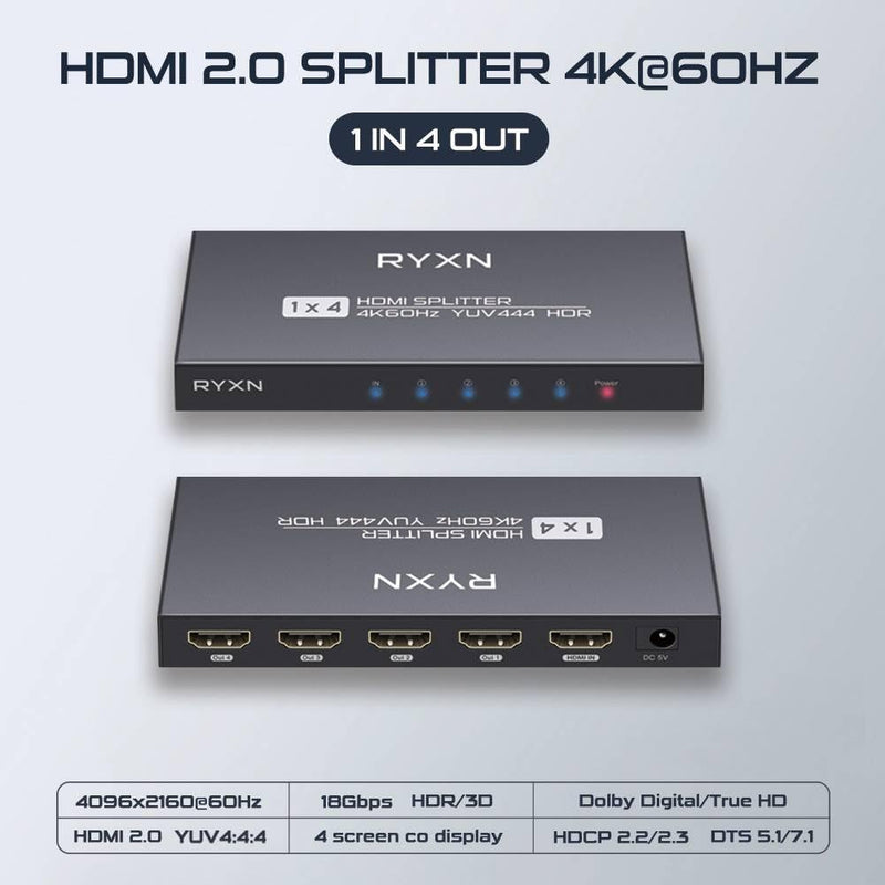 [Australia - AusPower] - HDMI Splitter 1 in 4 Out 4K@60Hz, HDMI Splitter 1x4 Support HDMI 2.0, YUV 4:4:4, HDCP 2.3, EDID, LPCM 7.1, for PS5/PS4, Xbox, Roku, Apple TV, Fire Stick, Blu-ray Player RY-HDS104 
