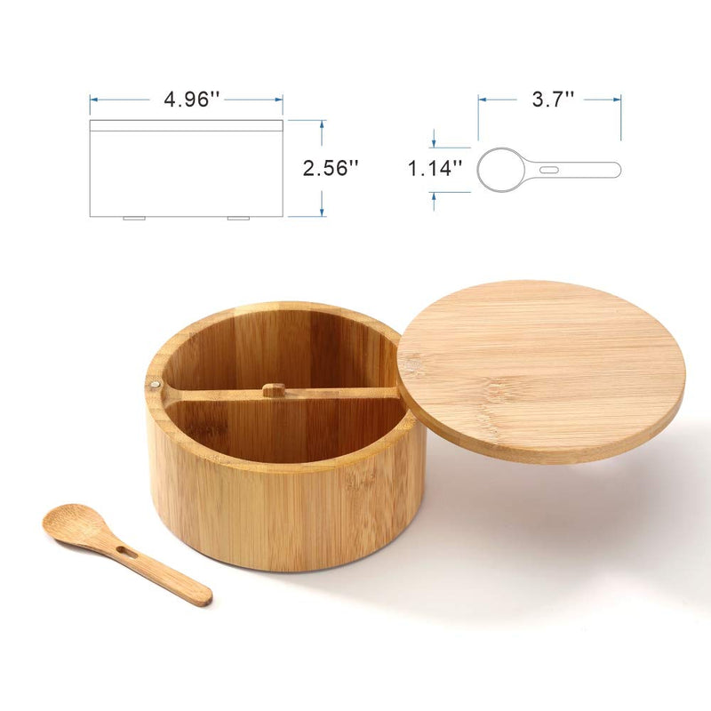 [Australia - AusPower] - KITCHENDAO Bamboo Salt and Pepper Bowl Box - Built-in Serving Spoon to Prevent Lost - Swivel Lid with Magnet to Keep Dry, Dust-free - Salt Cellar Seasoning Container Holder - Dual 7 Ounce Capacity 