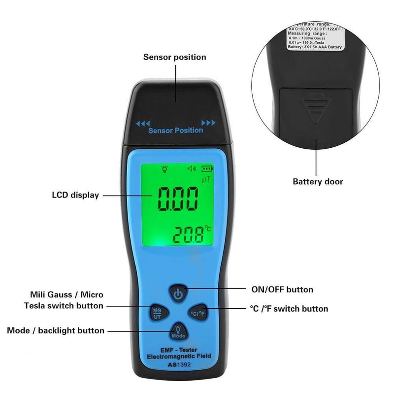 [Australia - AusPower] - EMF Meter,Handheld Electromagnetic Field Tester, Radiation Meter, 0?2000mG/0?200?T, 0.1?T Resolution, 30Hz?300Hz, for Home Appliances, Power Lines and Industrial Equipments 