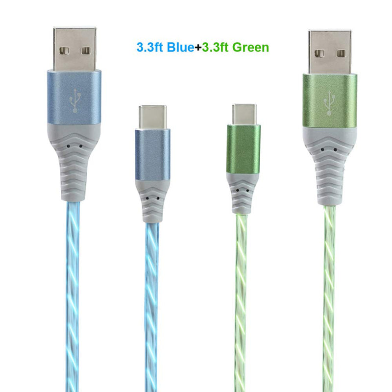 [Australia - AusPower] - USB C Cable 3FT 2 Pack, Light up Visible Flowing LED Type C Cable Compatible with Samsung Galaxy Note 9 8 S10 S9 S8 Plus, Google Pixel, LG V30 V20 G6 G5, OnePlus and More (Blue+Green-3FT) 